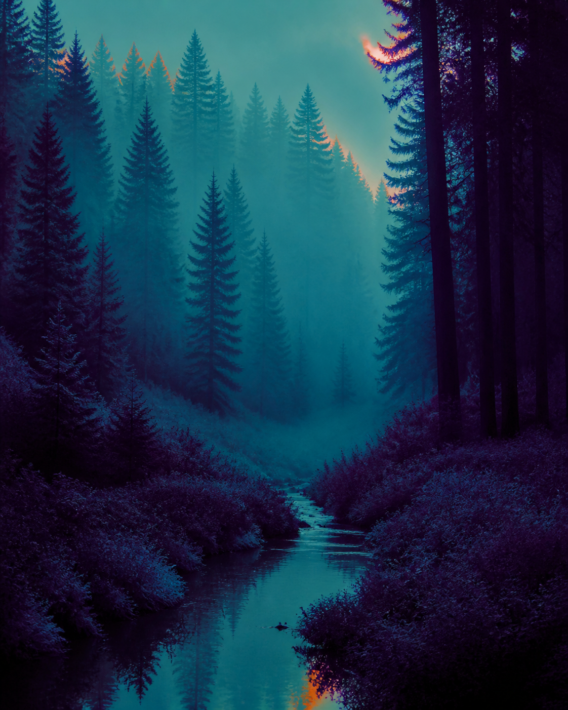 A forest transformed into a violet and cyan false-color spectrum