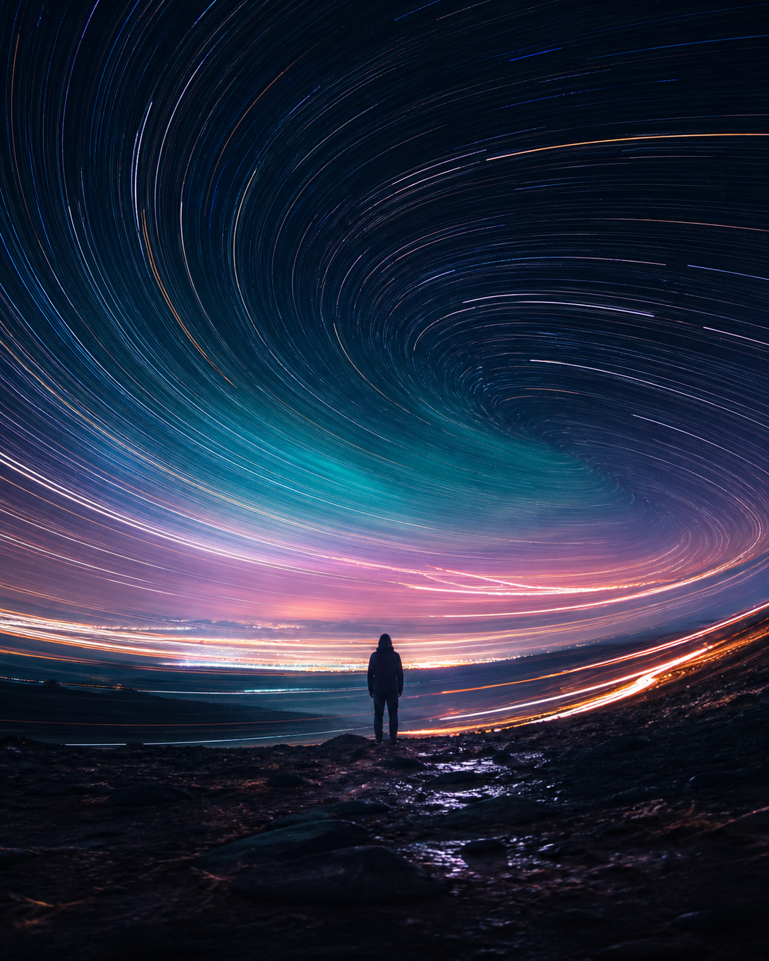 A figure beneath curved light trails shaped by camera movement