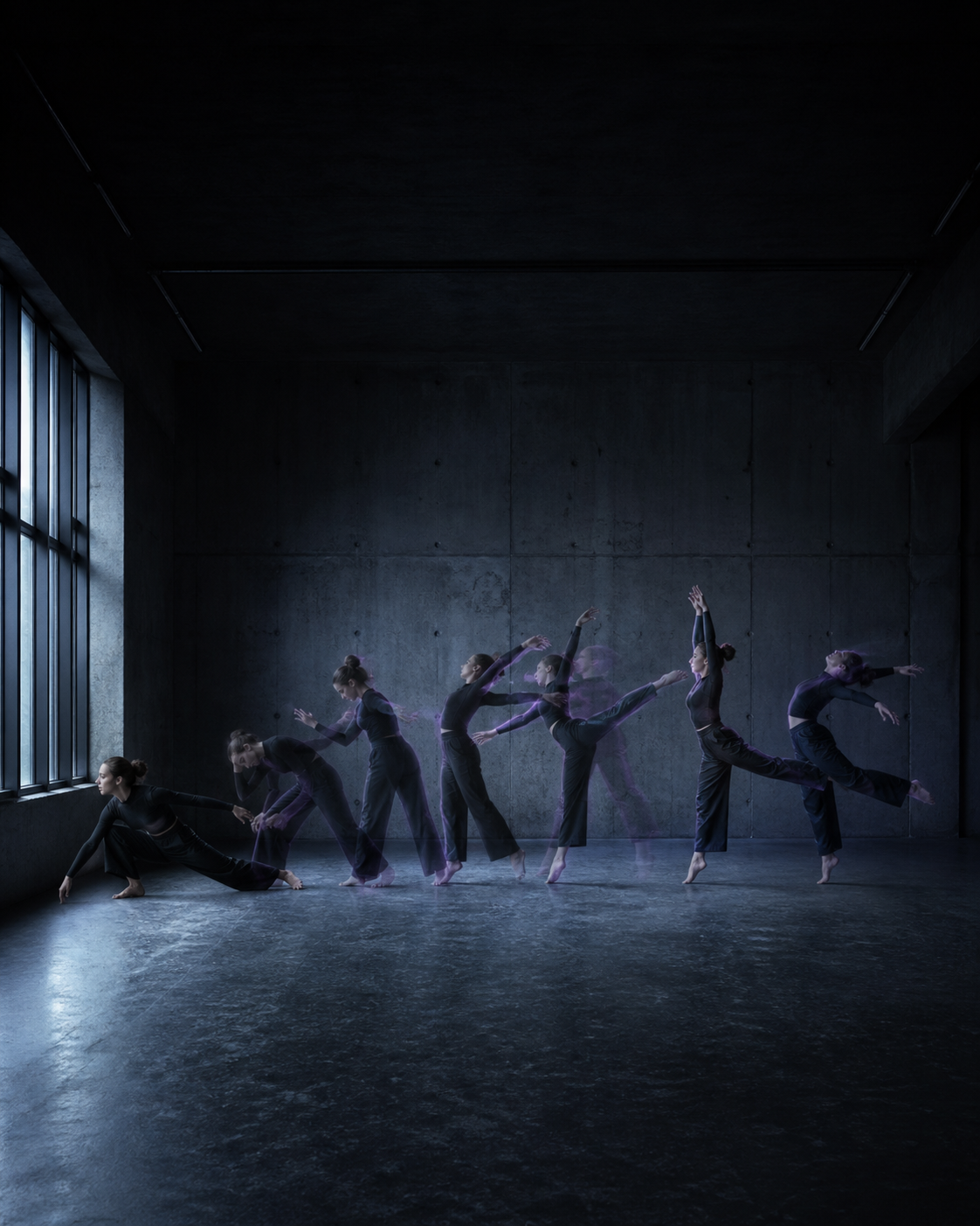 A dancer appearing at several moments along one path