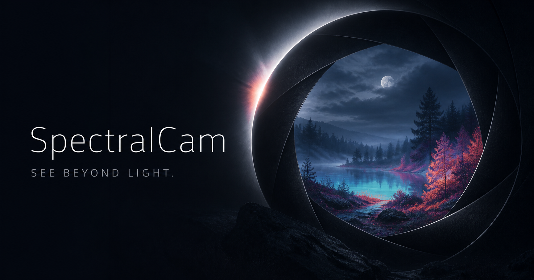 SpectralCam — See Beyond Light. A moonlit spectral landscape revealed through a camera aperture.